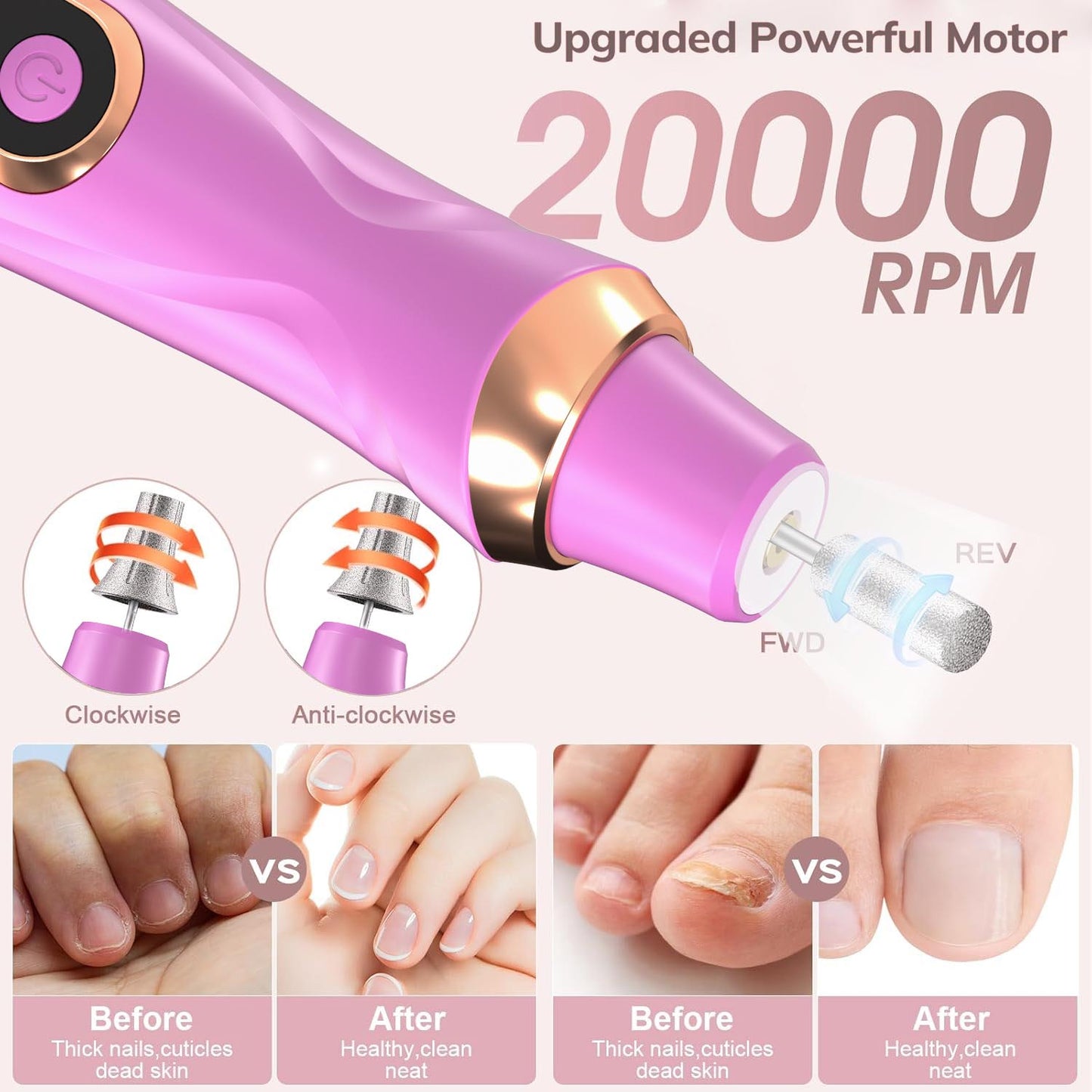 HENGYUAOLER Hourglass Cordless Nail Drill & Gel Polish Starter Kit - 2-in-1 Hand & Foot Salon Set with 15 Pro Bits, Callus Shapers, Lavender & Gold Edition