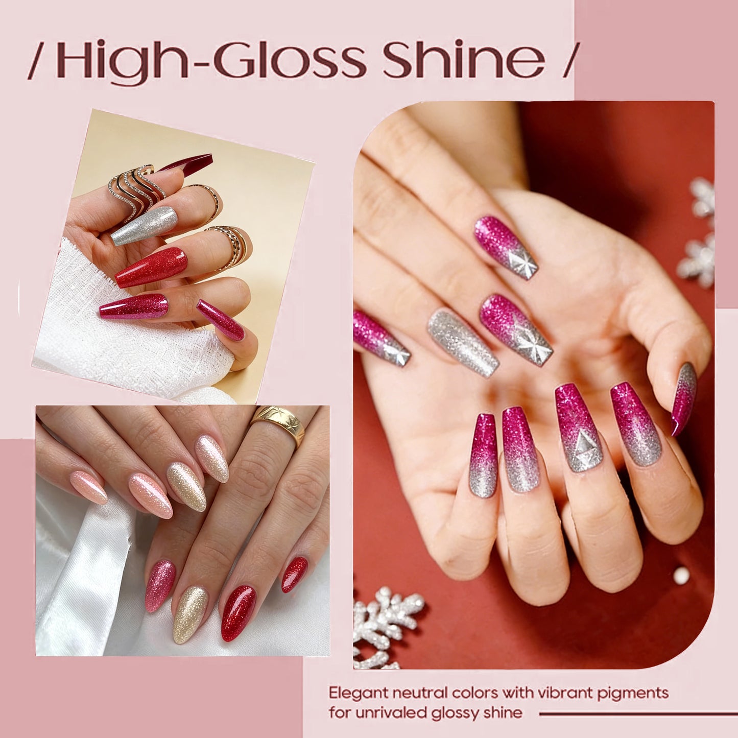 HENGYUAOLER Shimmering Rose & Champagne Gel Polish Set - 6 Colors Fine Holographic Silver, Rose Gold Glitter & Cherry Red Shimmer Gel Kit (8ml/0.27 fl.oz)