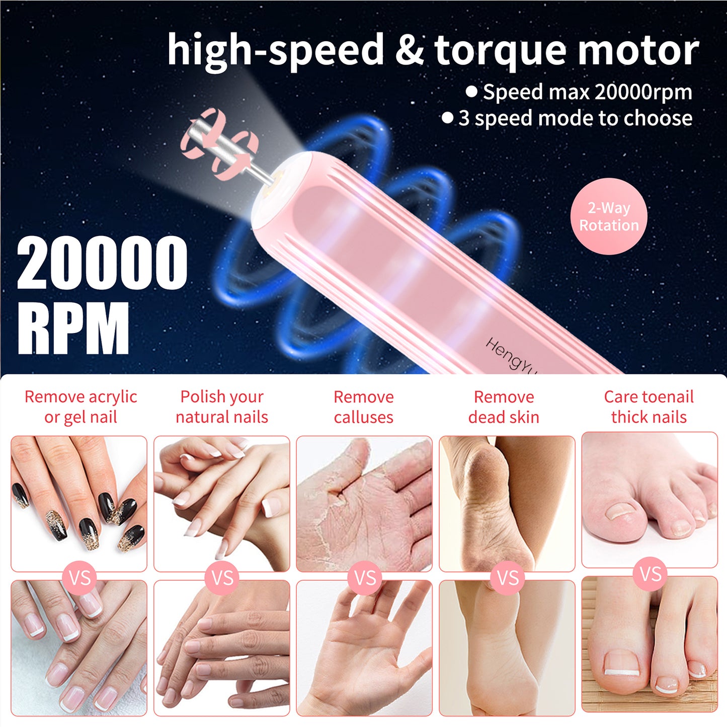 HENGYUAOLER Cordless Nail Drill & Gel Polish Starter Set - All-In-One Classic Blossom Pink Home Salon Gift Box with Red Ribbon, 12 Drill Bits, Fluffy Dust Brush