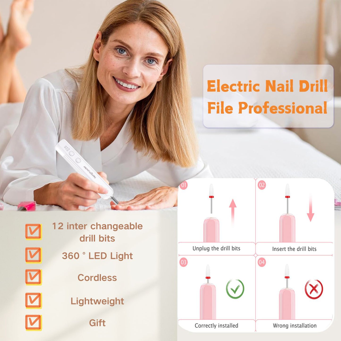 HENGYUAOLER Portable 3-Speed Cordless Nail Drill