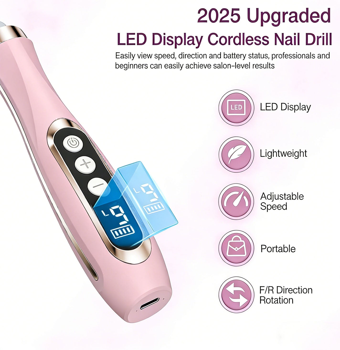 HENGYUAOLER S-Curve Cordless Nail Drill with Built-In LED Front-Light & Gel Polish Set - Shadowless Pearl White Hand & Foot Spa Gift Box with 15 Pro Bits