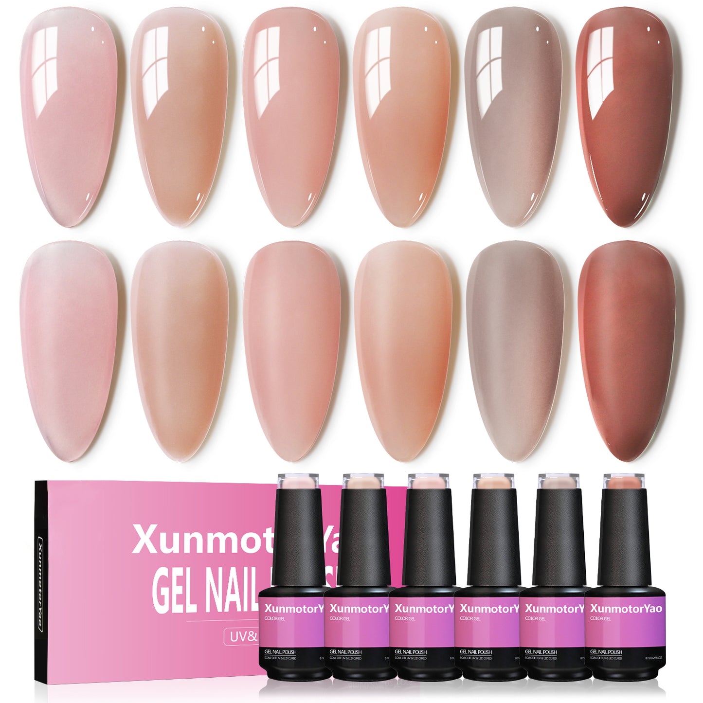 HENGYUAOLER Sheer Jelly Gel Nail Polish Set - 6 Colors Milky Nude & Translucent Pink Collection, Glass-Like Build-Up Soak Off UV/LED Gel Kit (8ml/0.27 fl.oz)