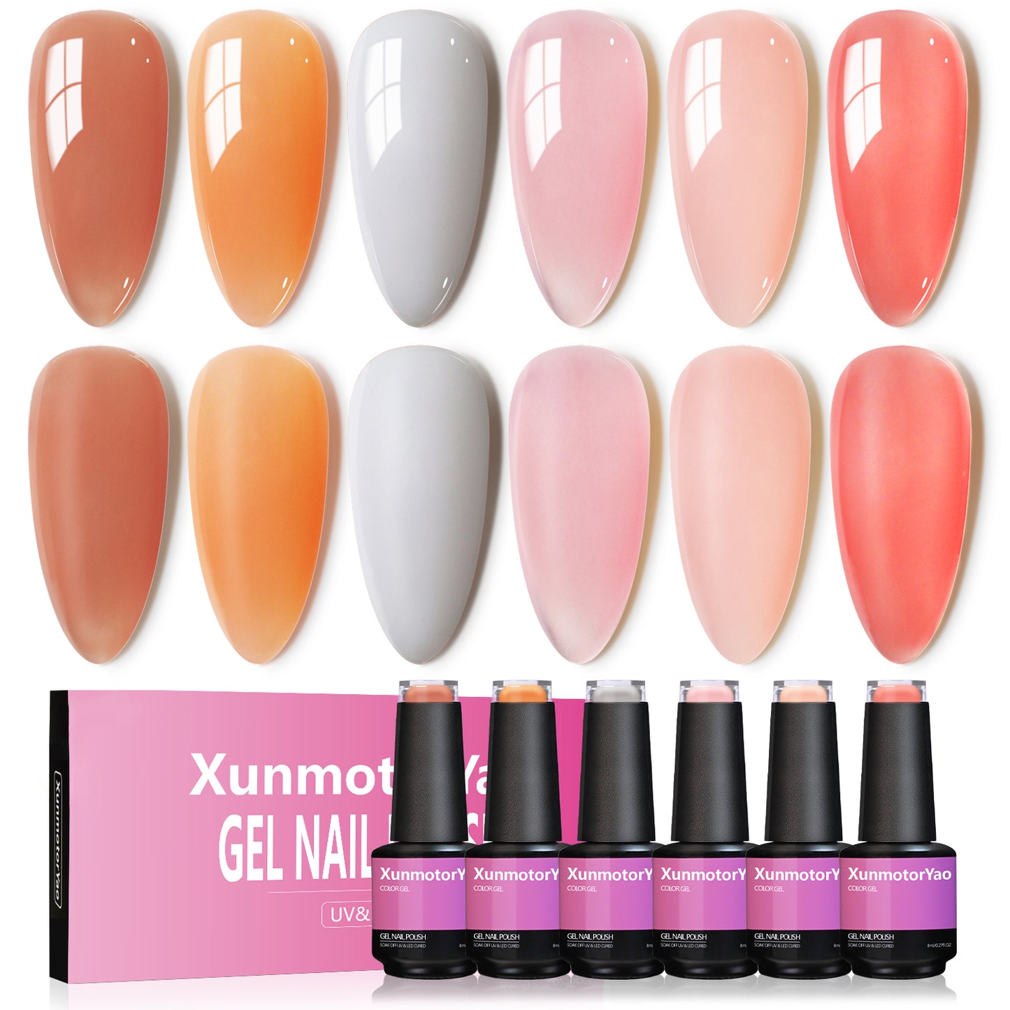 HENGYUAOLER Sheer Jelly Gel Nail Polish Set - 6 Colors Milky Nude & Translucent Pink Collection, Glass-Like Build-Up Soak Off UV/LED Gel Kit (8ml/0.27 fl.oz)