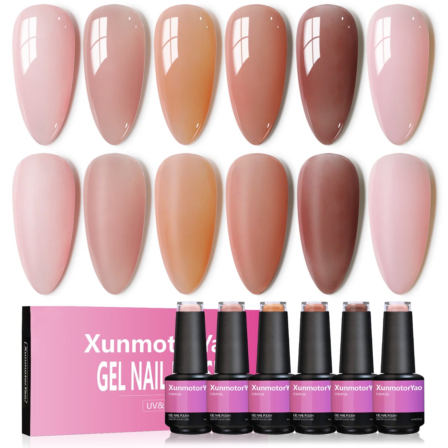 HENGYUAOLER Sheer Jelly Gel Nail Polish Set - 6 Colors Milky Nude & Translucent Pink Collection, Glass-Like Build-Up Soak Off UV/LED Gel Kit (8ml/0.27 fl.oz)