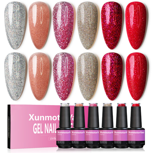 HENGYUAOLER Shimmering Rose & Champagne Gel Polish Set - 6 Colors Fine Holographic Silver, Rose Gold Glitter & Cherry Red Shimmer Gel Kit (8ml/0.27 fl.oz)