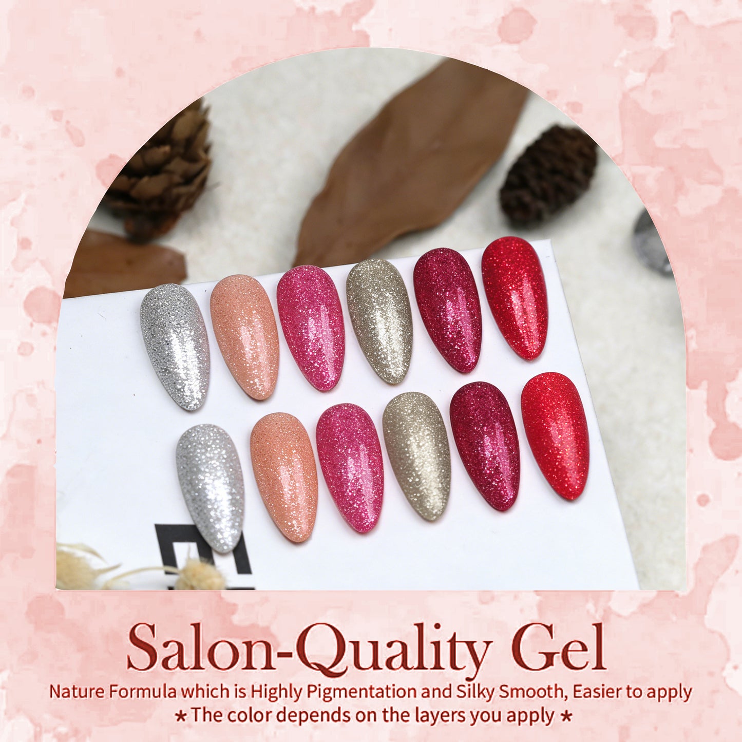 HENGYUAOLER Shimmering Rose & Champagne Gel Polish Set - 6 Colors Fine Holographic Silver, Rose Gold Glitter & Cherry Red Shimmer Gel Kit (8ml/0.27 fl.oz)