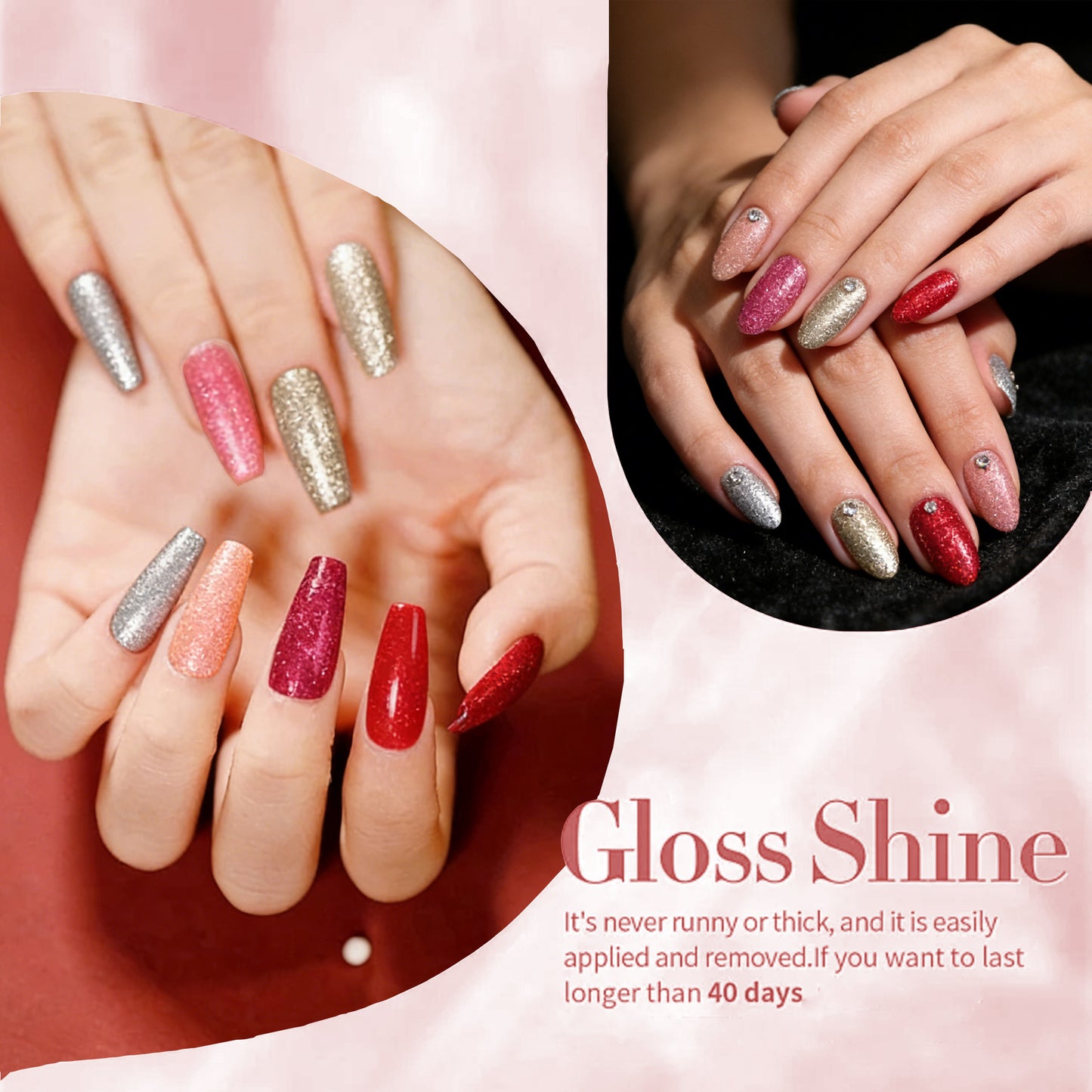 HENGYUAOLER Shimmering Rose & Champagne Gel Polish Set - 6 Colors Fine Holographic Silver, Rose Gold Glitter & Cherry Red Shimmer Gel Kit (8ml/0.27 fl.oz)