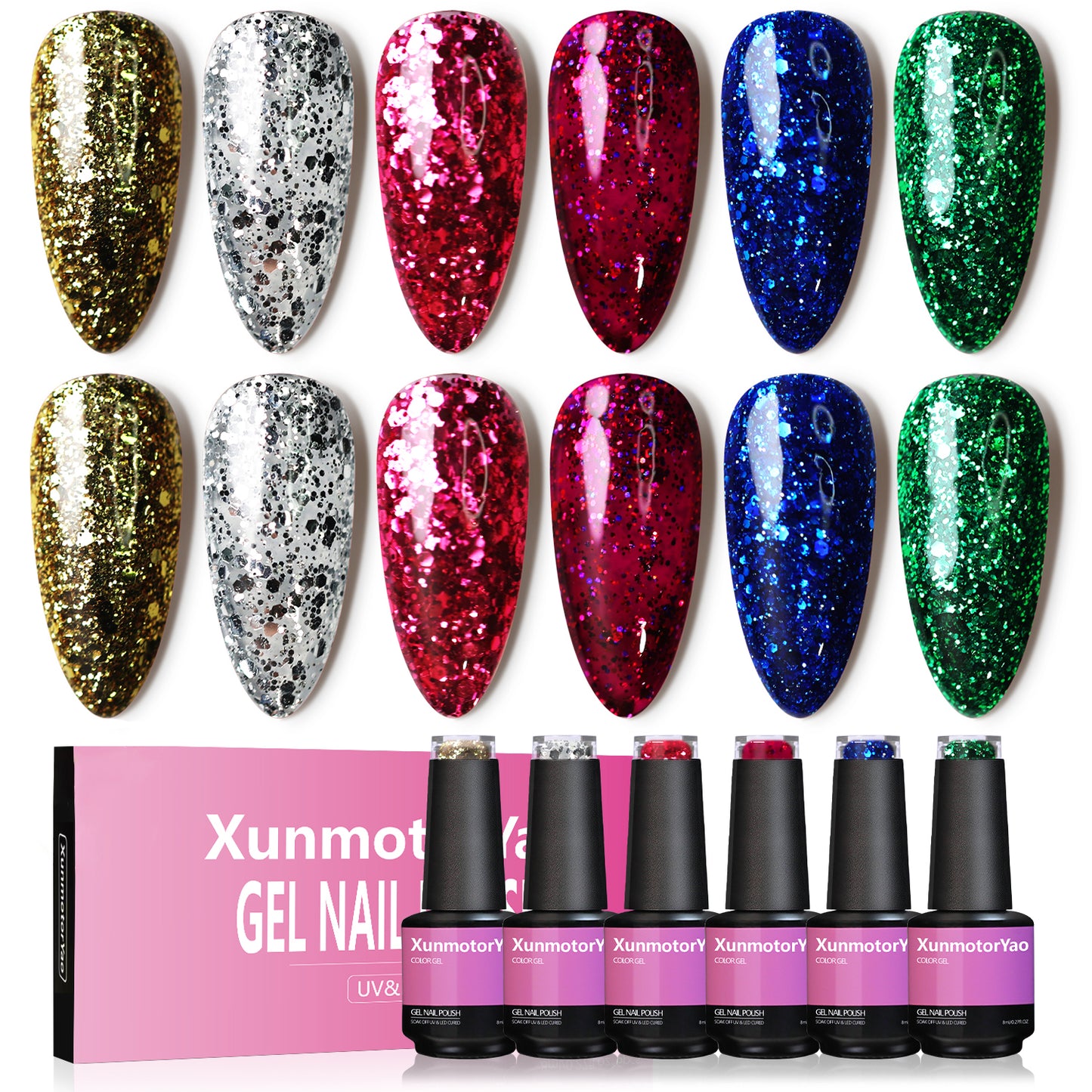 HENGYUAOLER Shimmering Rose & Champagne Gel Polish Set - 6 Colors Fine Holographic Silver, Rose Gold Glitter & Cherry Red Shimmer Gel Kit (8ml/0.27 fl.oz)