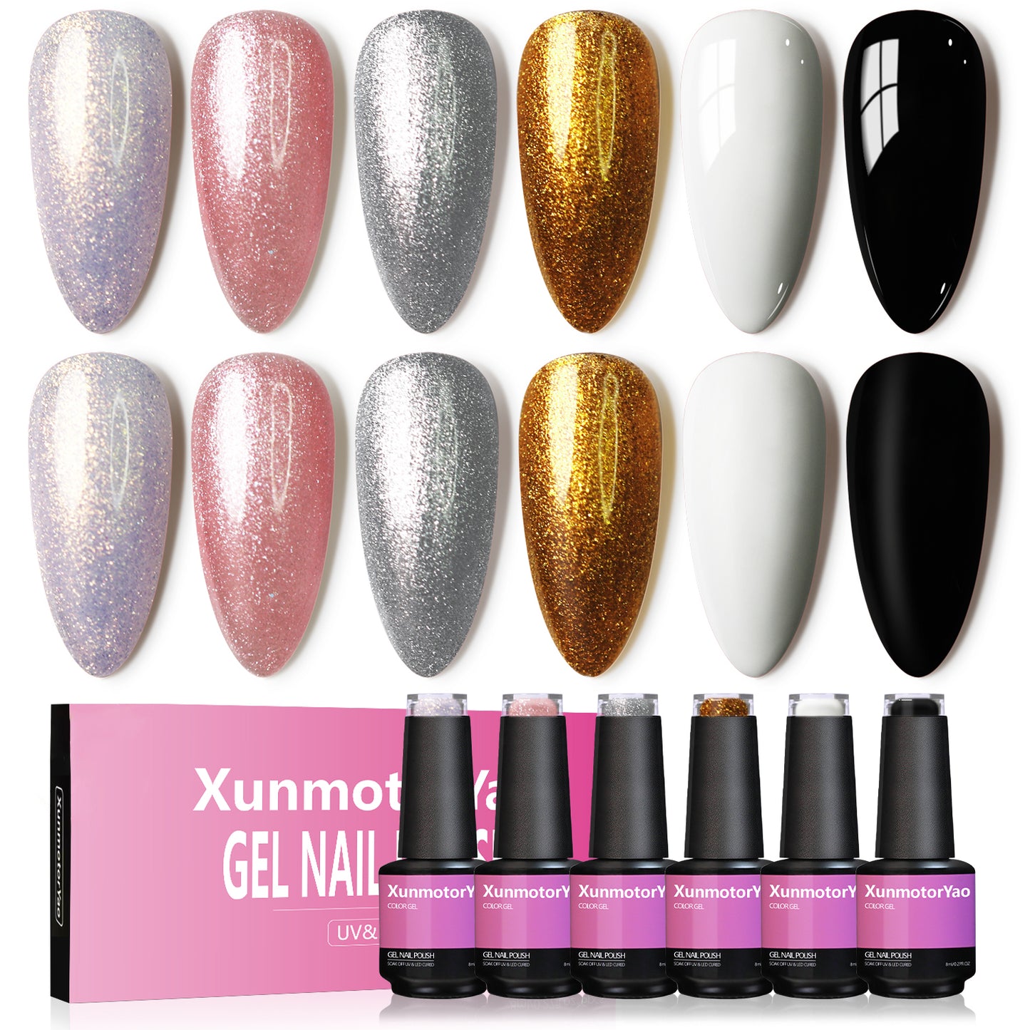 HENGYUAOLER Shimmering Rose & Champagne Gel Polish Set - 6 Colors Fine Holographic Silver, Rose Gold Glitter & Cherry Red Shimmer Gel Kit (8ml/0.27 fl.oz)
