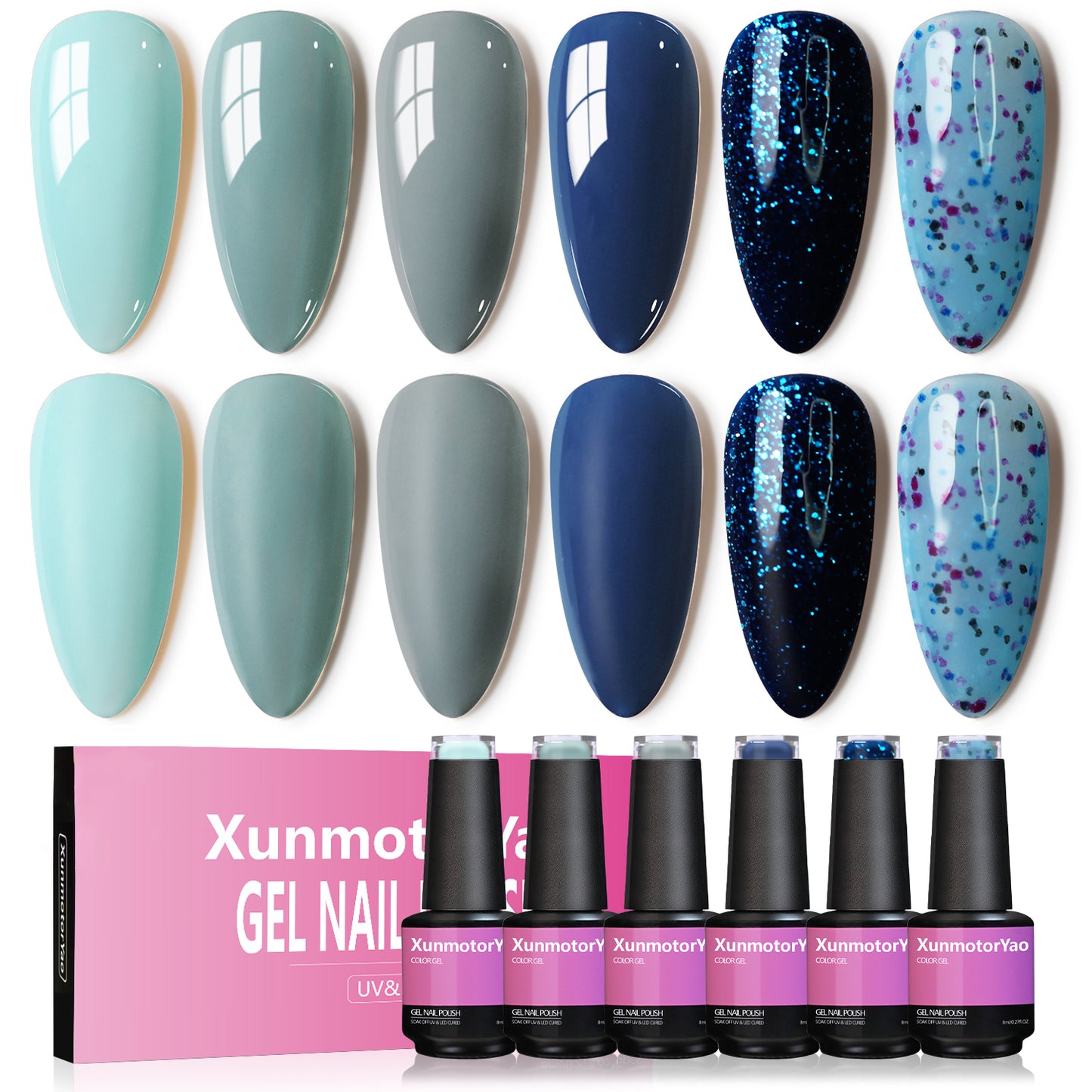 HENGYUAOLER Nordic Glacial & Midnight Blue Gel Polish Set - 6 Colors Slate Grey, Royal Navy, Cosmic Teal Shimmer & Terrazzo Speckled Gel Kit (8ml