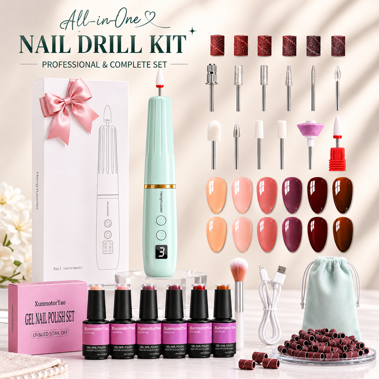 HENGYUAOLER Cordless Nail Drill & 6-Color Gel Polish Complete Set - All-In-One Luxury Gift Box with Bow, 12 Drill Bits, Bulk Sanding Bands, Pastel Nude Berry Shades (8ml)