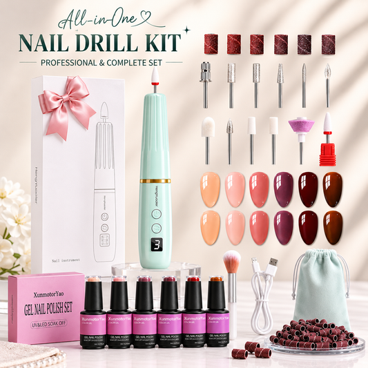 HENGYUAOLER Cordless Nail Drill & 6-Color Gel Polish Complete Set - All-In-One Luxury Gift Box with Bow, 12 Drill Bits, Bulk Sanding Bands, Pastel Nude Berry Shades (8ml)