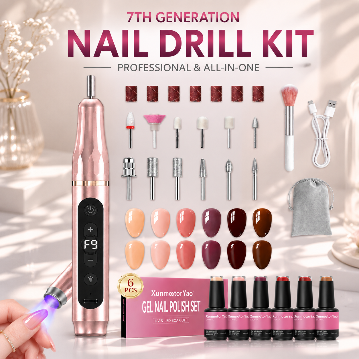 HENGYUAOLER 2-in-1 Cordless Nail Drill with Built-In UV Curing Light & 6-Color Gel Starter Kit - All-In-One Professional 35,000 RPM Geometric Anti-Slip Grinder Gift Set (8ml)