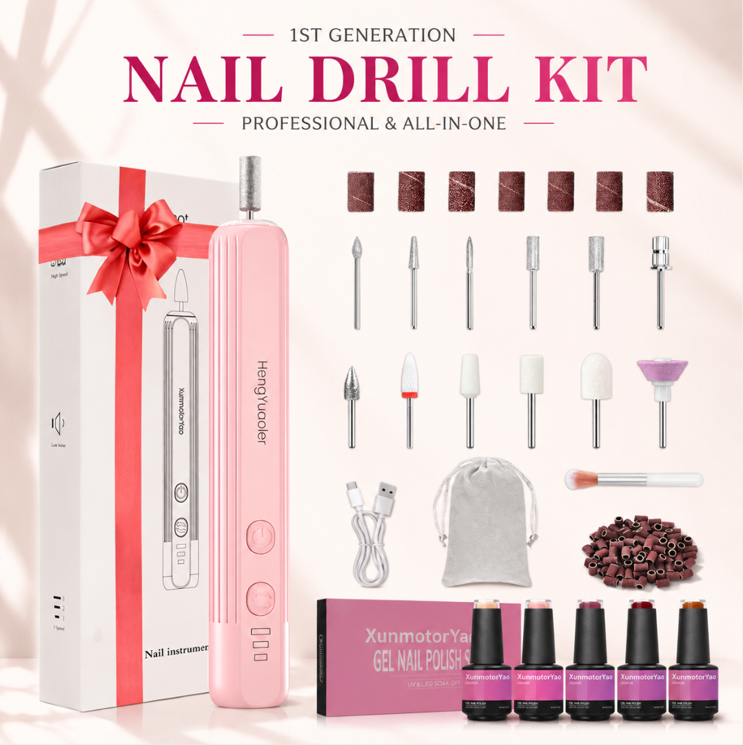 HENGYUAOLER Cordless Nail Drill & Gel Polish Starter Set - All-In-One Classic Blossom Pink Home Salon Gift Box with Red Ribbon, 12 Drill Bits, Fluffy Dust Brush
