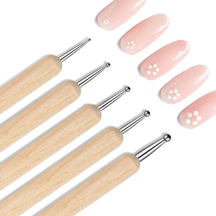 5Pcs Dual-End Wooden Dotting Pen Marbleizing Tool Set for Nail Design Manicure Painting Kit