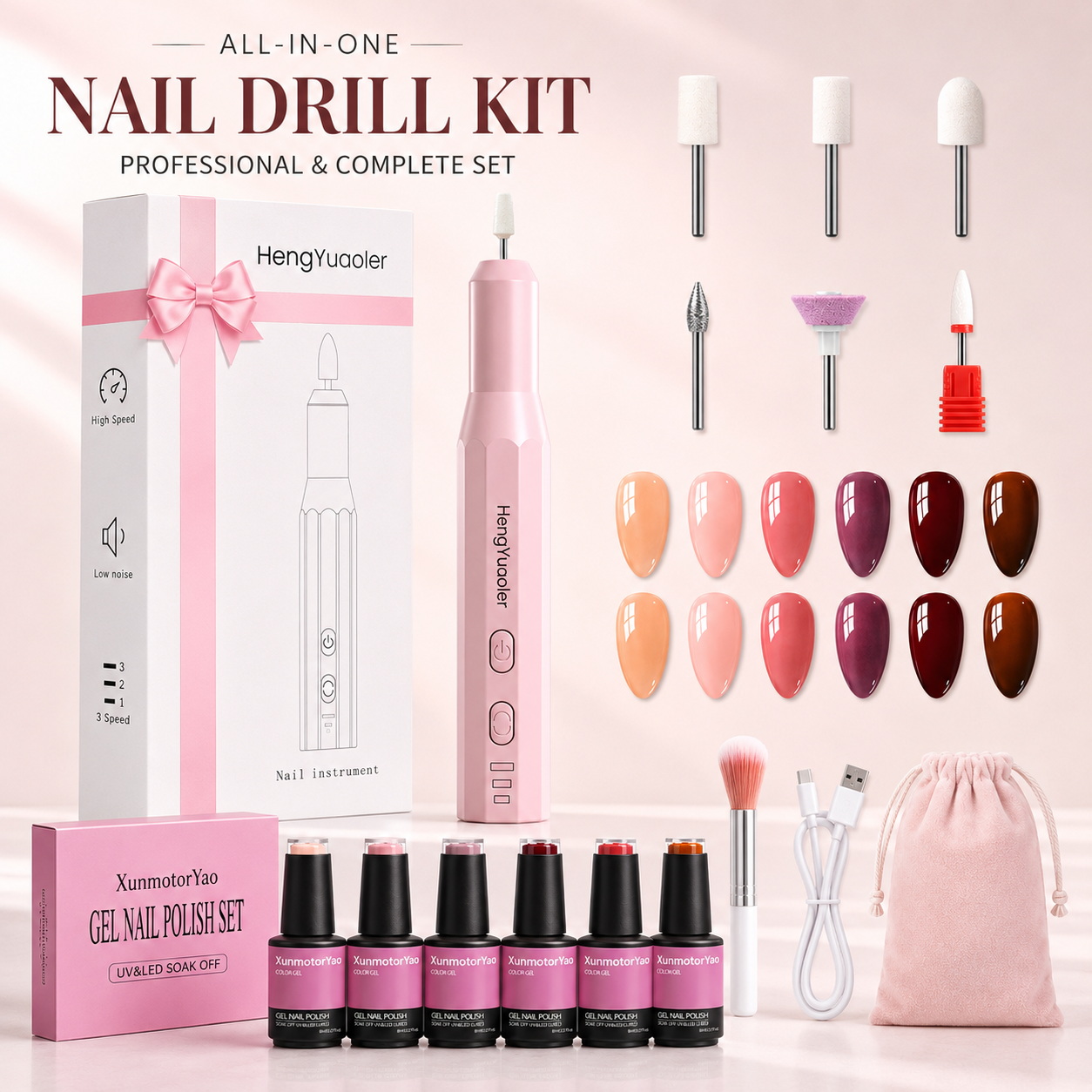 HENGYUAOLER Sweetheart Pink Edition 2-in-1 Cordless Nail Drill & 6-Color Gel Polish Starter Set - All-In-One Luxury Gift Box with Pink Bow, Matching Velvet Pouch & Nude Berry Shades