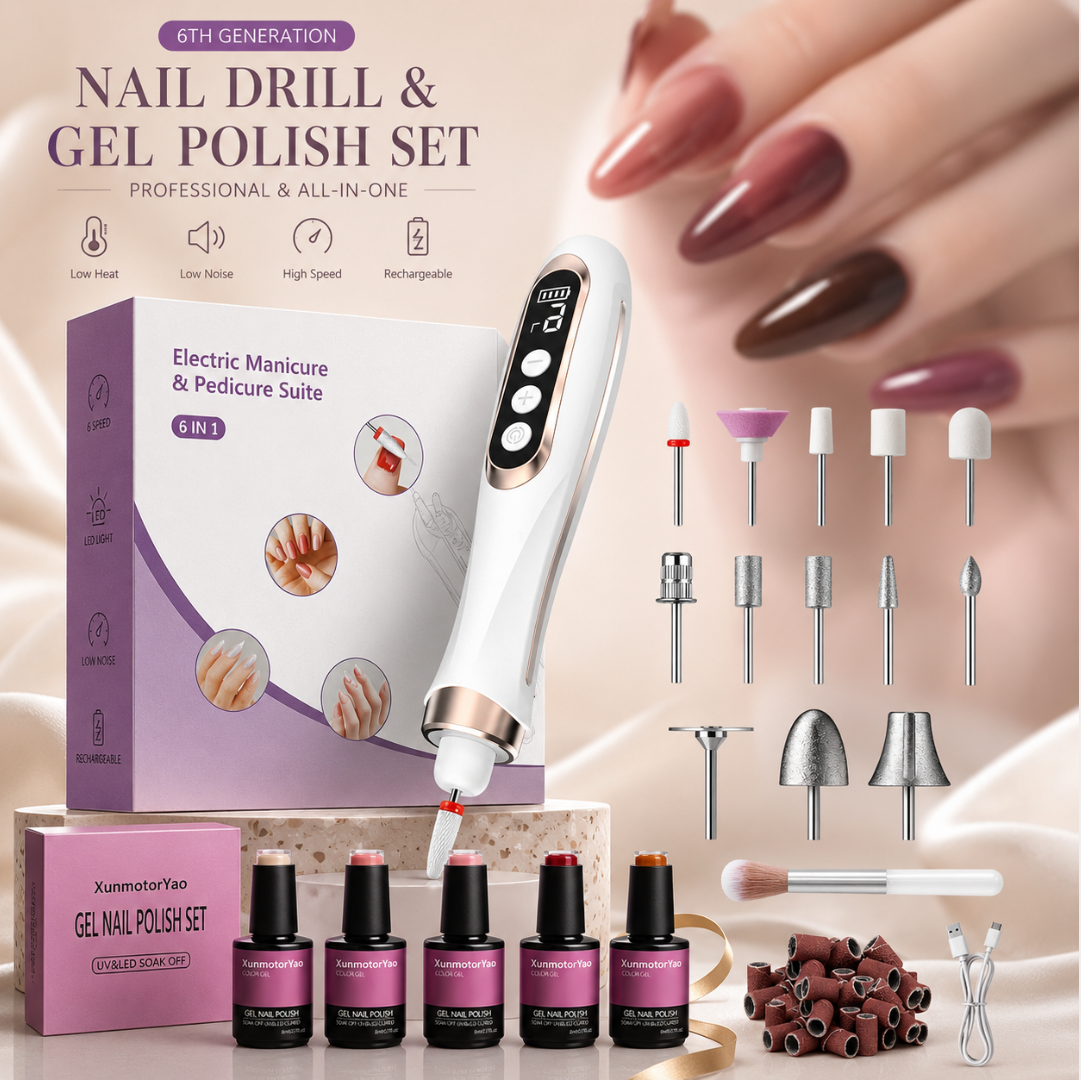 HENGYUAOLER S-Curve Cordless Nail Drill with Built-In LED Front-Light & Gel Polish Set - Shadowless Pearl White Hand & Foot Spa Gift Box with 15 Pro Bits