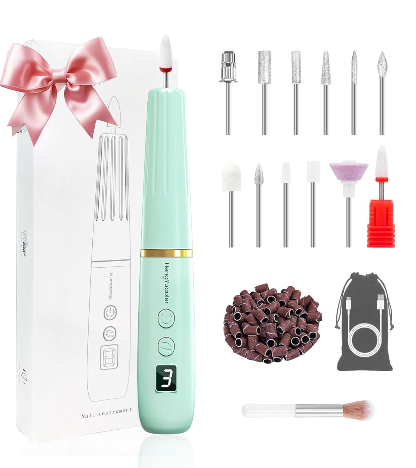 HENGYUAOLER Cordless Nail Drill & 6-Color Gel Polish Complete Set - All-In-One Luxury Gift Box with Bow, 12 Drill Bits, Bulk Sanding Bands, Pastel Nude Berry Shades (8ml)