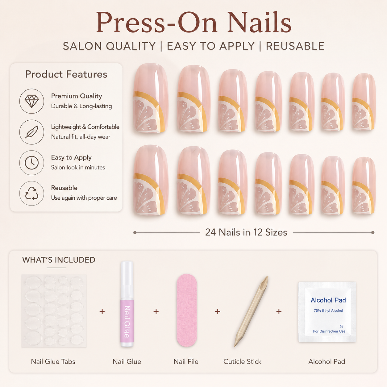 Handmade Press-On Nails – Reusable Glossy False Nails Set