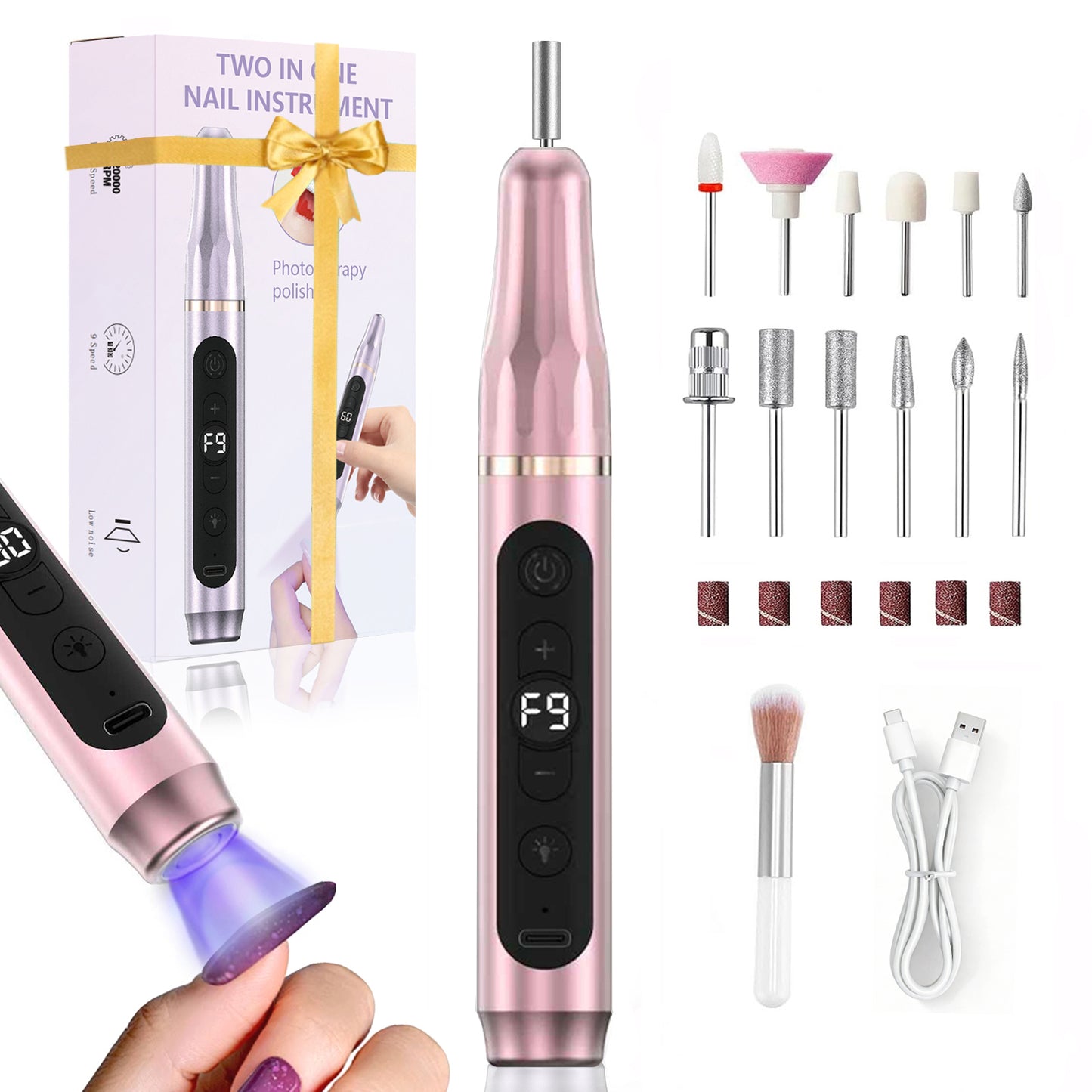 HENGYUAOLER 2-in-1 Cordless Nail Drill with Built-In UV Curing Light & 6-Color Gel Starter Kit - All-In-One Professional 35,000 RPM Geometric Anti-Slip Grinder Gift Set (8ml)