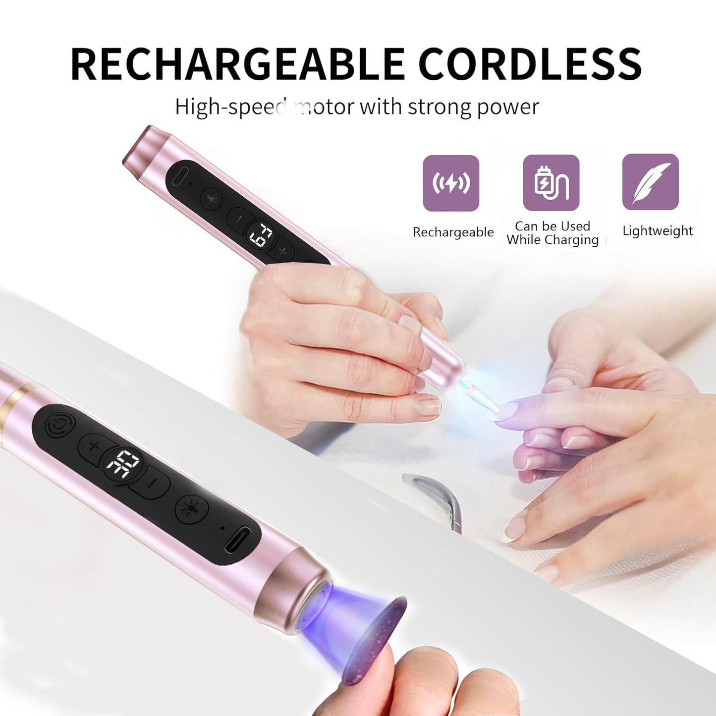 HENGYUAOLER 2-in-1 Cordless Nail Drill with Built-In UV Curing Light & 6-Color Gel Starter Kit - All-In-One Professional 35,000 RPM Geometric Anti-Slip Grinder Gift Set (8ml)