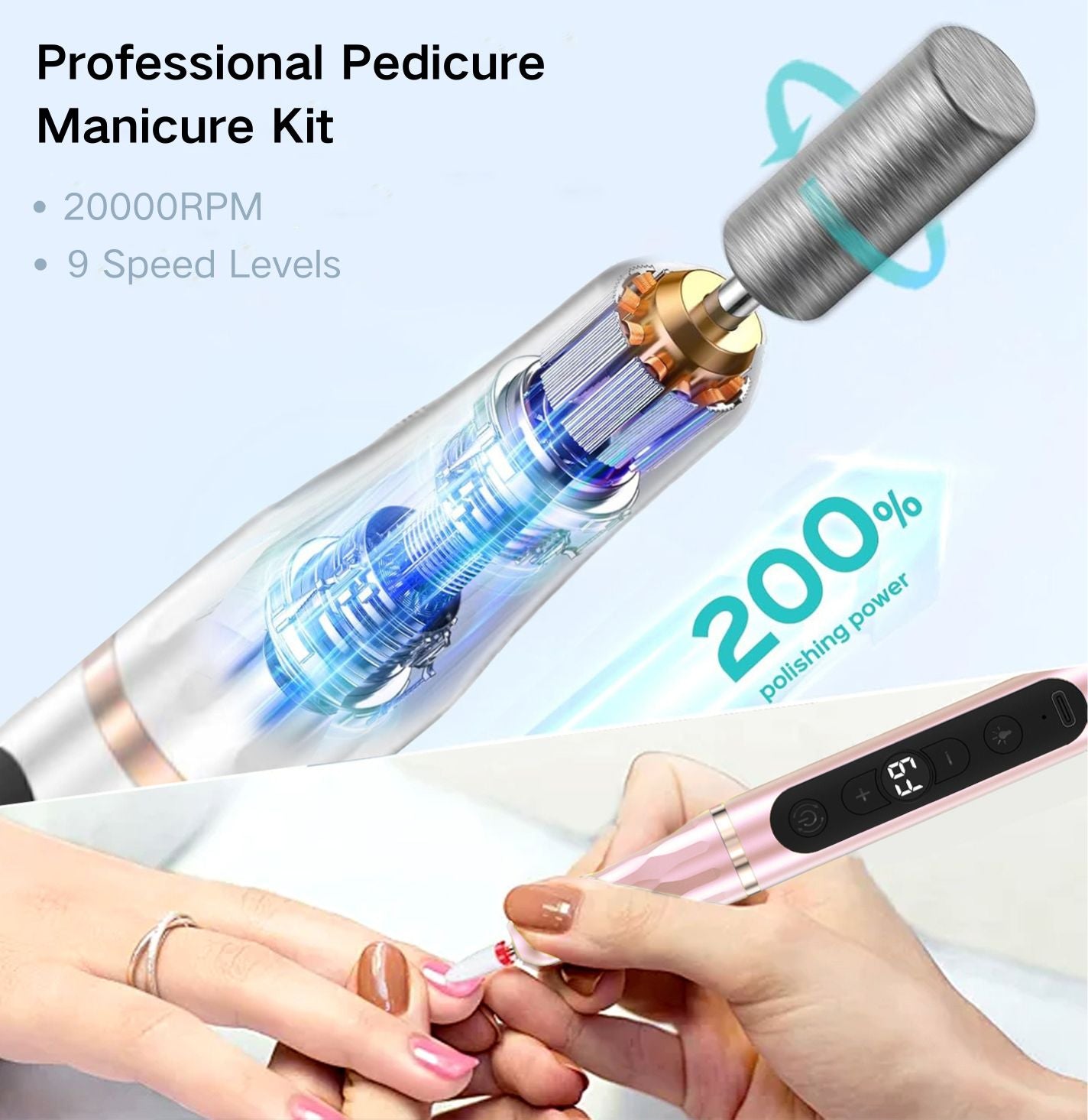 HENGYUAOLER 2-in-1 Cordless Nail Drill with Built-In UV Curing Light & 6-Color Gel Starter Kit - All-In-One Professional 35,000 RPM Geometric Anti-Slip Grinder Gift Set (8ml)