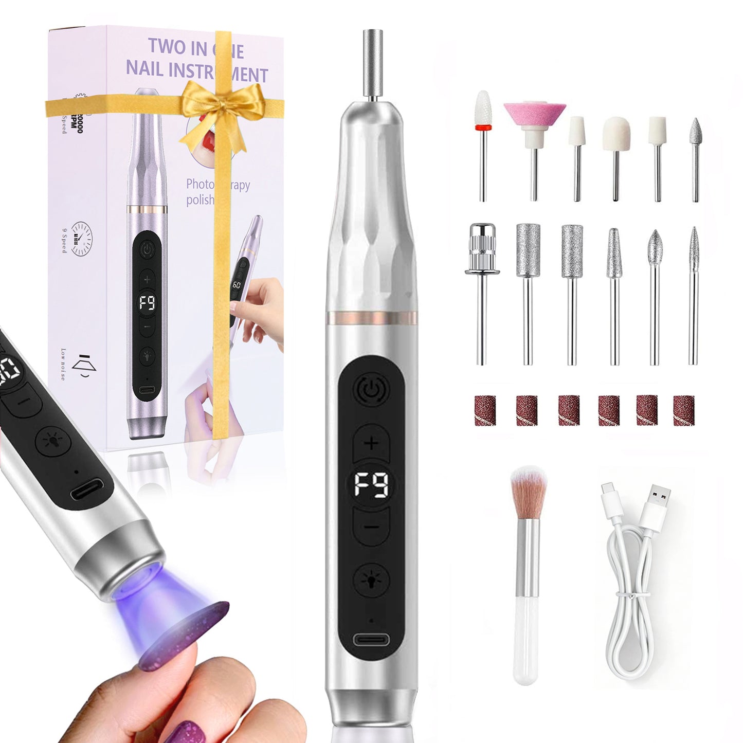 HENGYUAOLER 2-in-1 Cordless Nail Drill with Built-In UV Curing Light & 6-Color Gel Starter Kit - All-In-One Professional 35,000 RPM Geometric Anti-Slip Grinder Gift Set (8ml)
