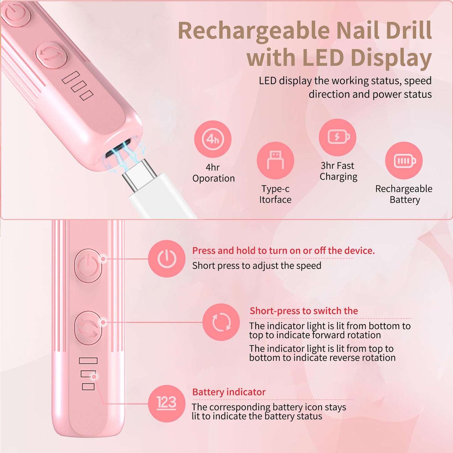 HENGYUAOLER Cordless Nail Drill & Gel Polish Starter Set - All-In-One Classic Blossom Pink Home Salon Gift Box with Red Ribbon, 12 Drill Bits, Fluffy Dust Brush