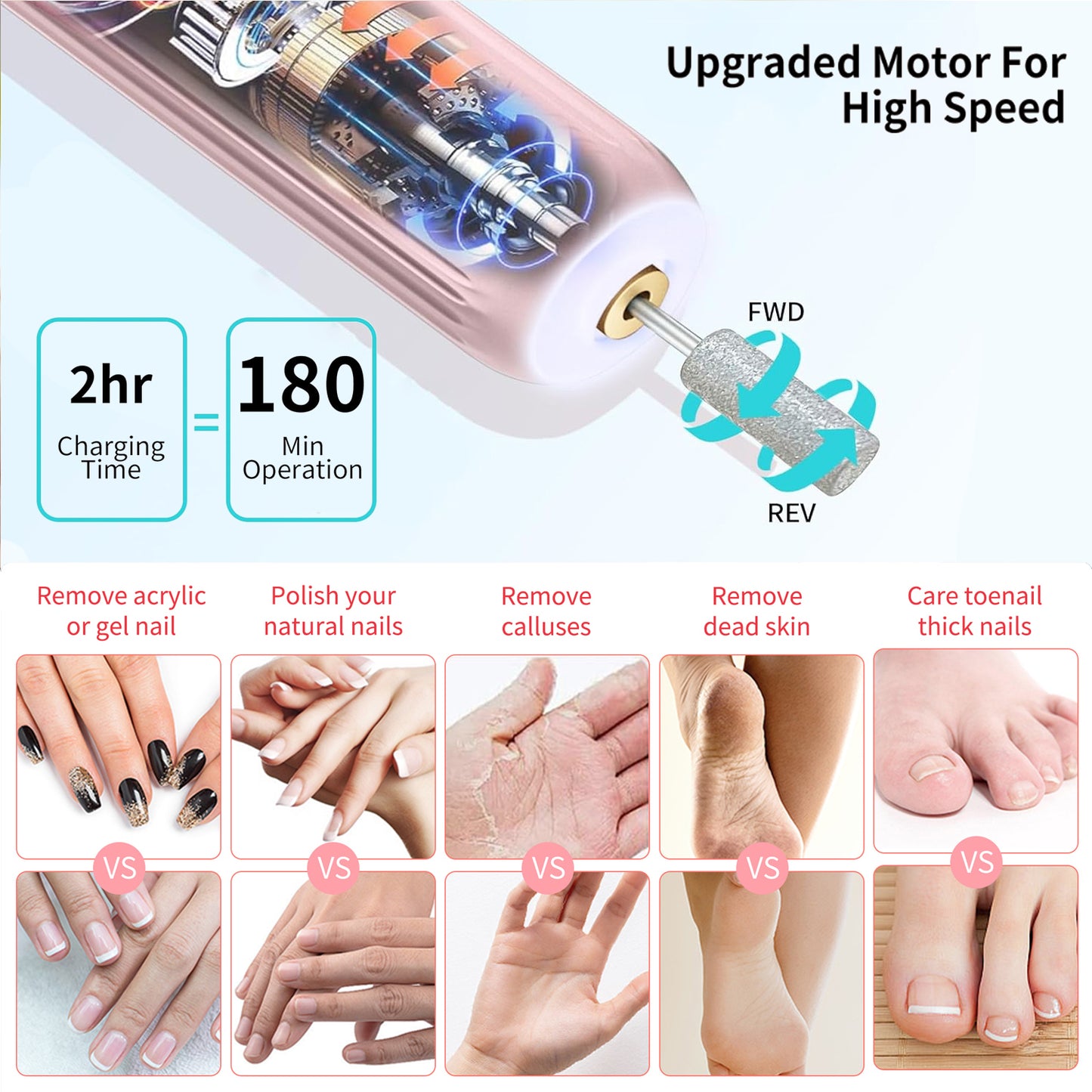 HENGYUAOLER Cordless Nail Drill & Gel Polish Starter Set - All-In-One Classic Blossom Pink Home Salon Gift Box with Red Ribbon, 12 Drill Bits, Fluffy Dust Brush