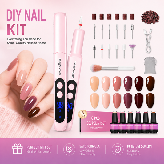 HENGYUAOLER Professional Cordless Nail Drill & 6-Color Gel Polish Starter Kit - All-In-One DIY Nail Art Gift Set with 12 Drill Bits, Dust Brush, Classic Nude Berry Gel Set (8ml)